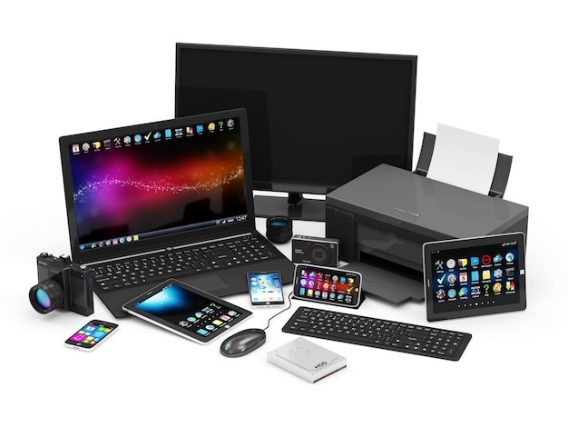 Photo group of office equipment with laptop and tablet